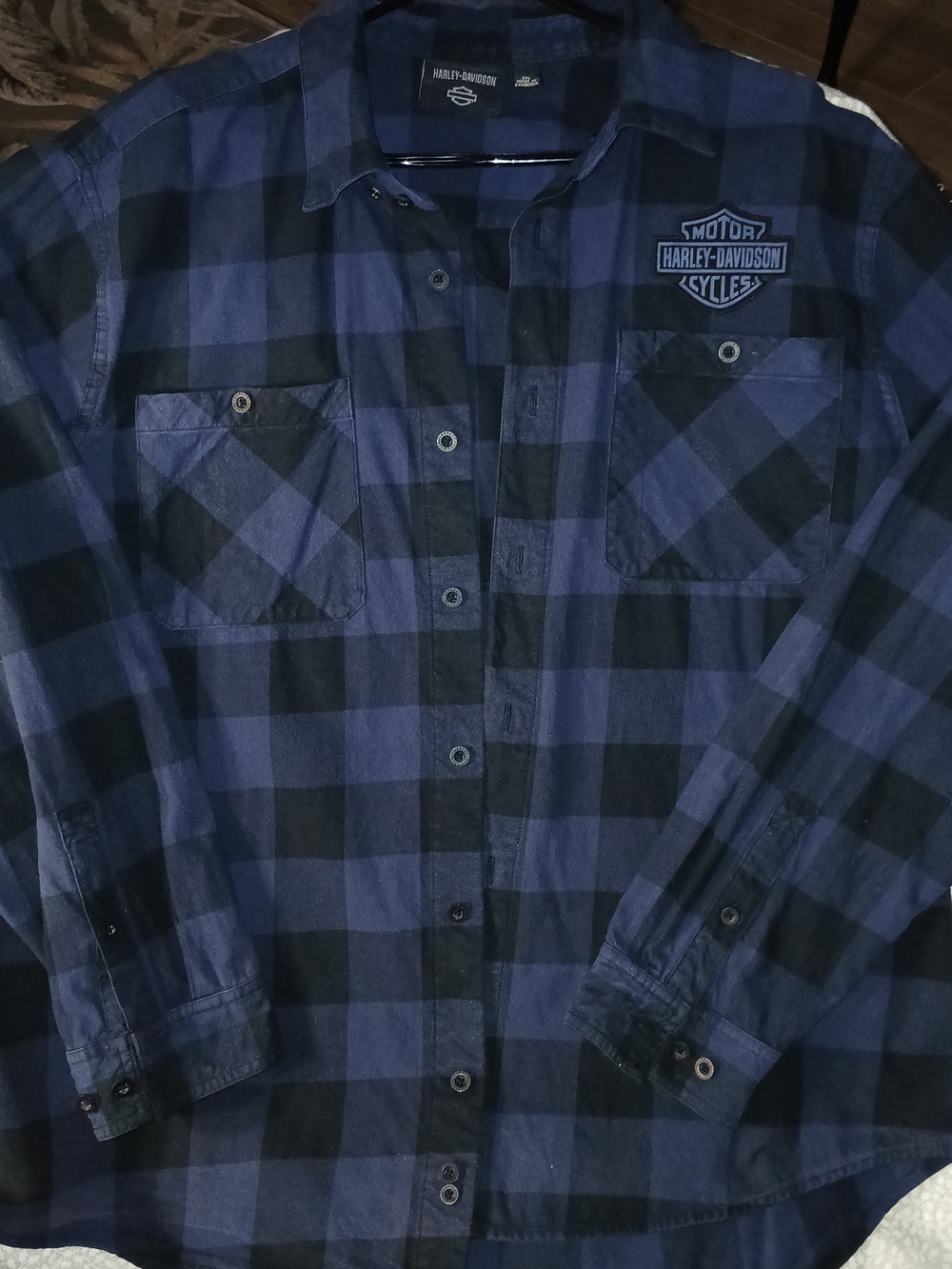 Harley-Davidson Men's Blue & Black Plaid Button Down Snap Collar Sturdy Flannel